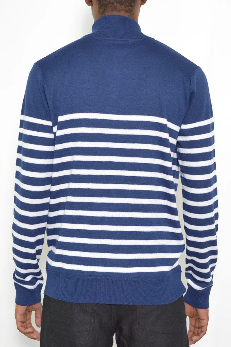 Mens Quarter Zip Up Navy White Striped Sweater