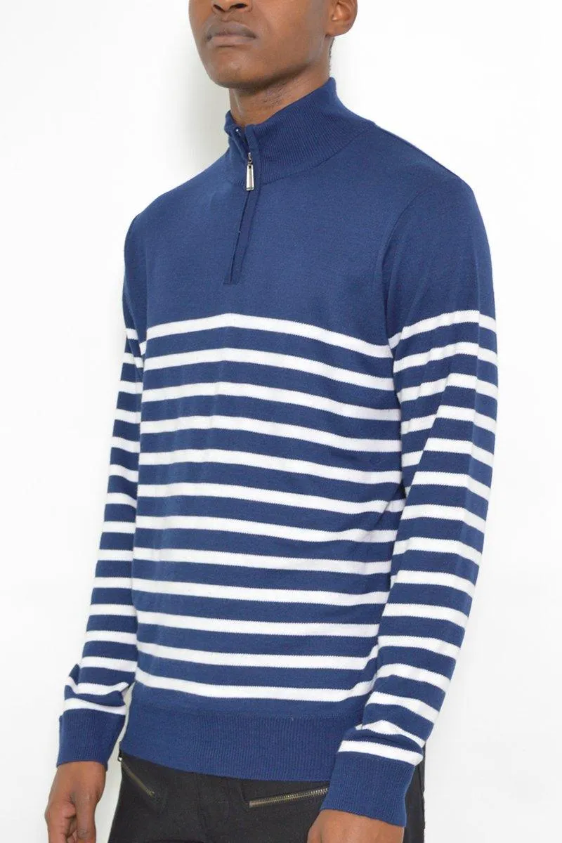 Mens Quarter Zip Up Navy White Striped Sweater