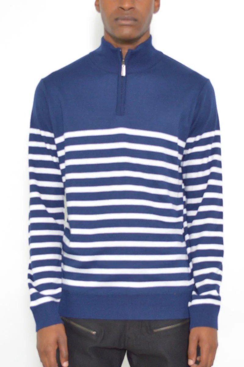 Mens Quarter Zip Up Navy White Striped Sweater