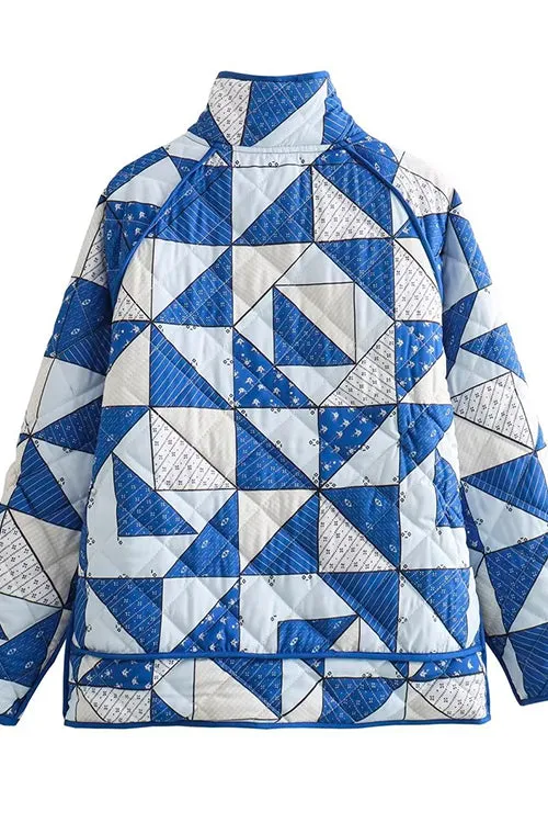 Mixiedress Button Up Color Block Print Padded Quilted Coat