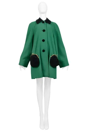 MOSCHINO GREEN SWING COAT WITH VELVET COIN PURSES