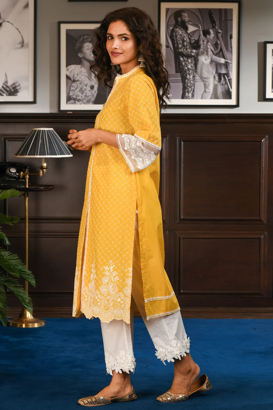 Mulmul Cotton Cayo Yellow Kurta With Hibiscus pyajamas