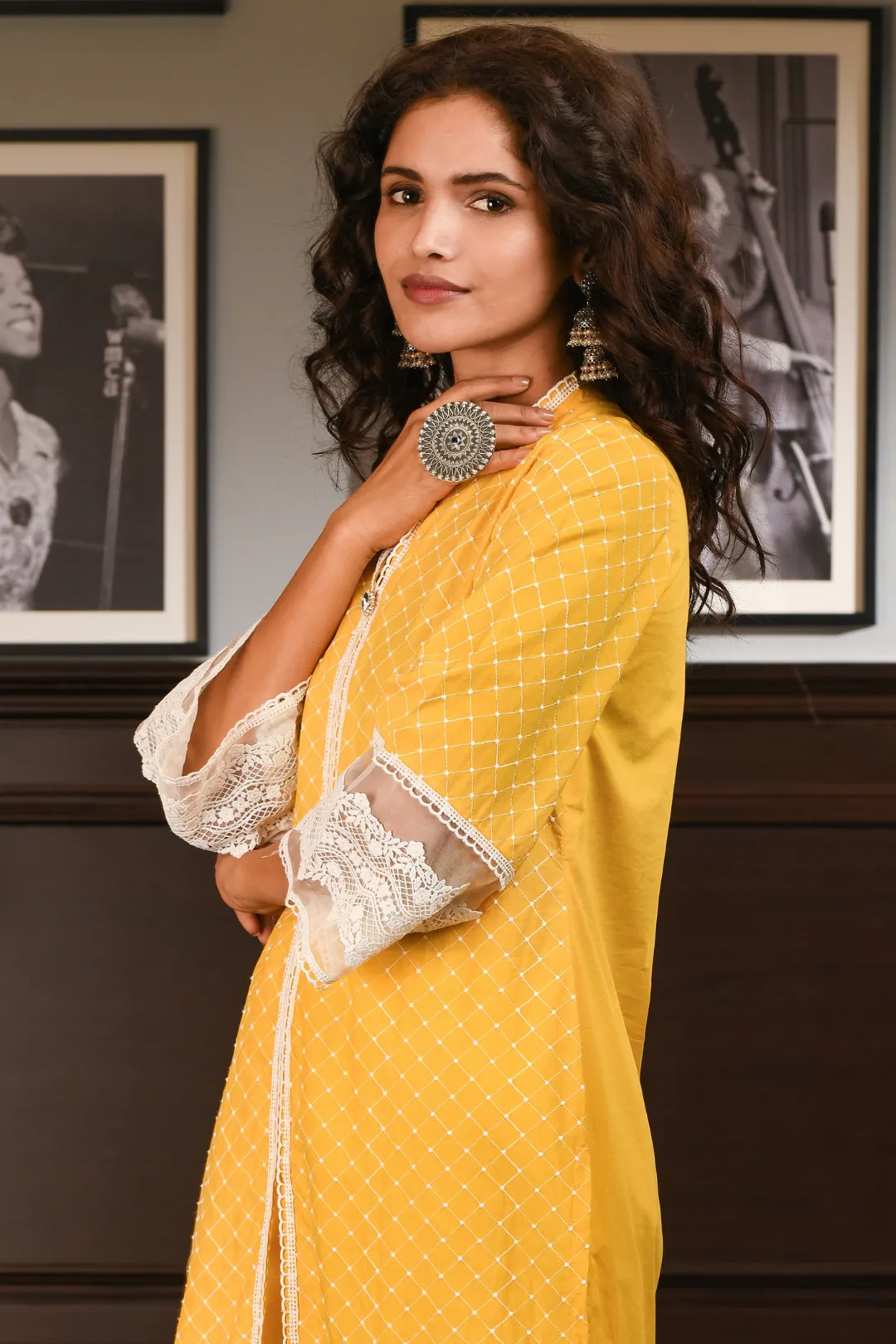 Mulmul Cotton Cayo Yellow Kurta With Hibiscus pyajamas