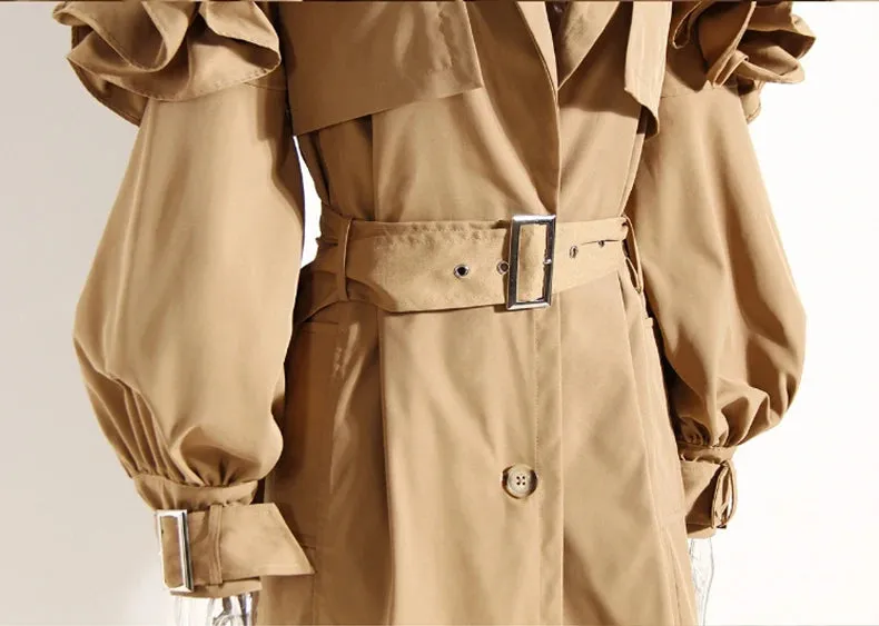 New! Luxe Elegant Ruffle Puff Sleeve Trench Coat