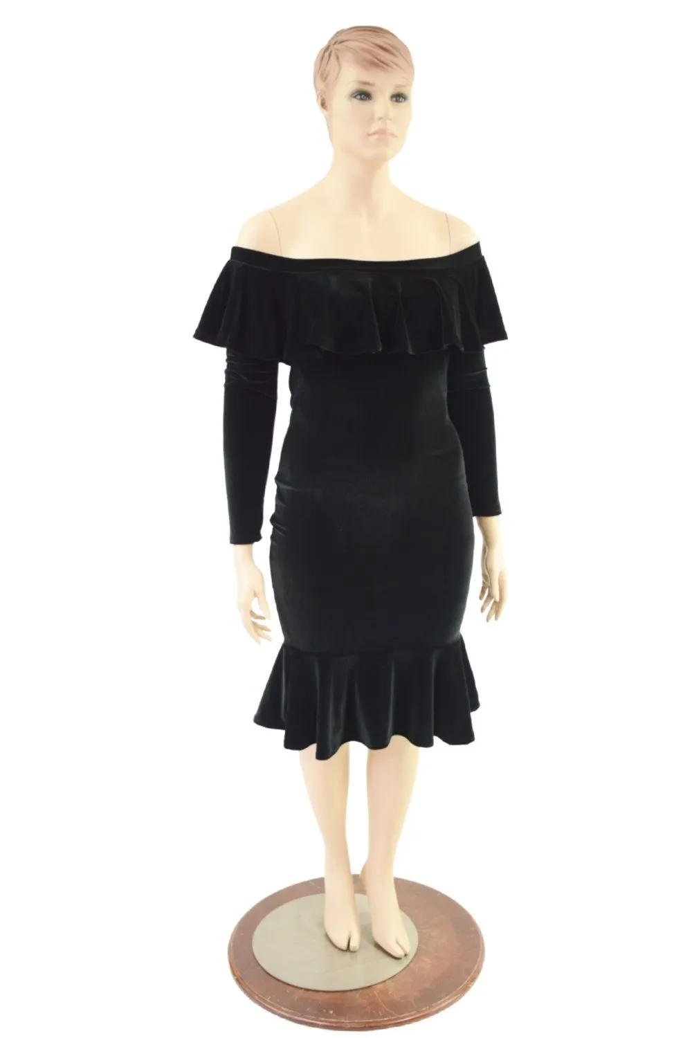 Off Shoulder Ruffled Wiggle Dress in Black Velvet