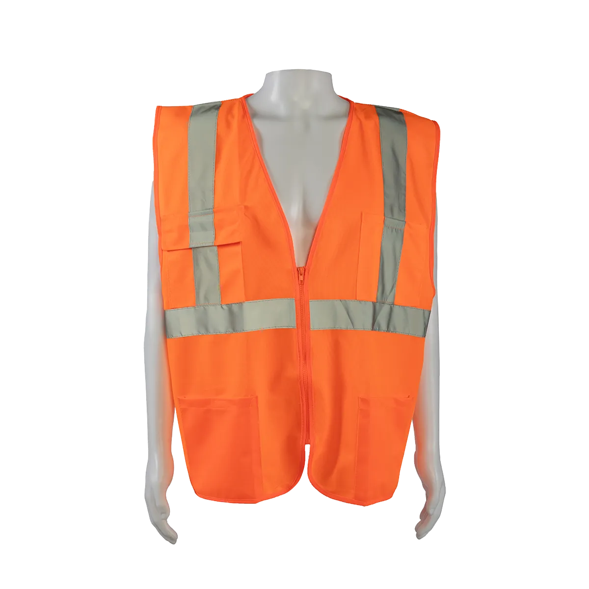 OV2-FSMB ANSI 107-2020 CLASS II Orange Front Solid Mesh Back 4-Pocket Safety Vests