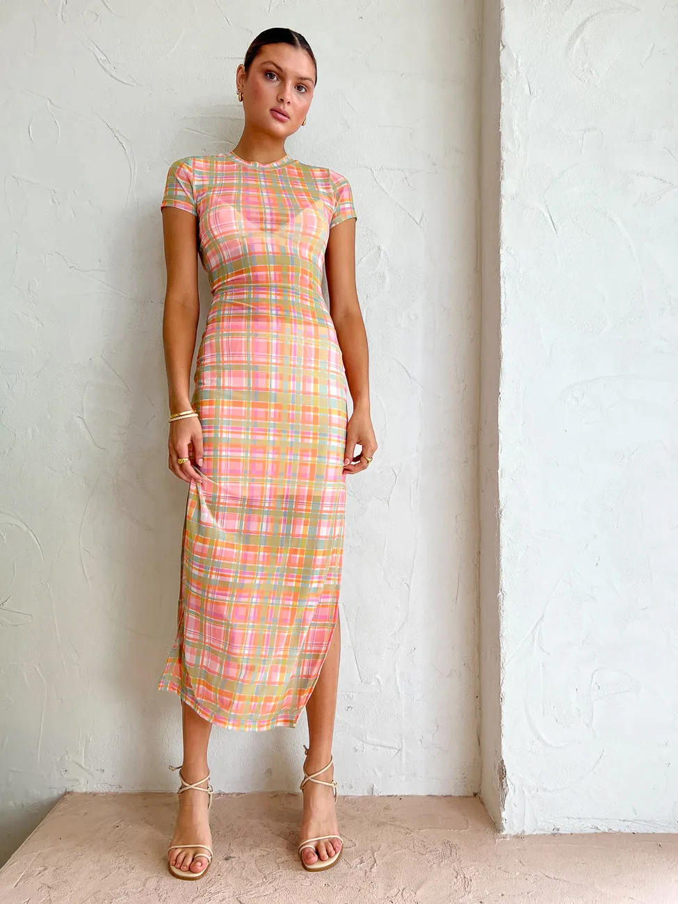 Ownley Nadia Straight Midi Dress in Candy Check