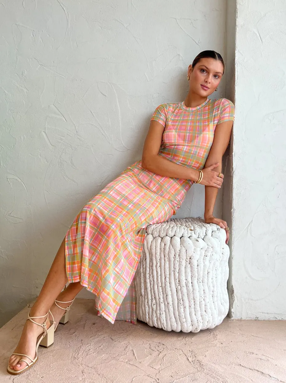 Ownley Nadia Straight Midi Dress in Candy Check