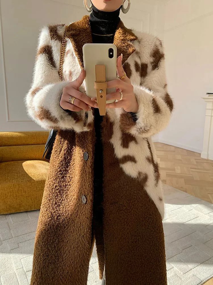 Patchwork Wool Blend Fur Fleece Single-Breasted Long Coat