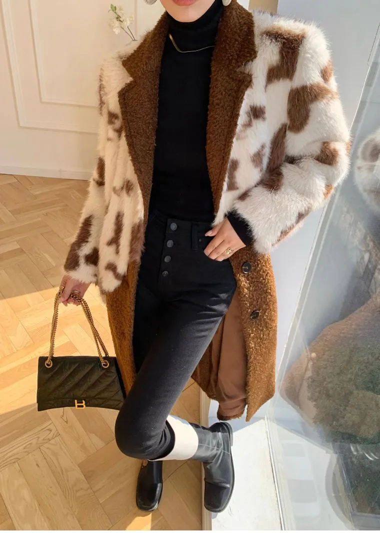 Patchwork Wool Blend Fur Fleece Single-Breasted Long Coat