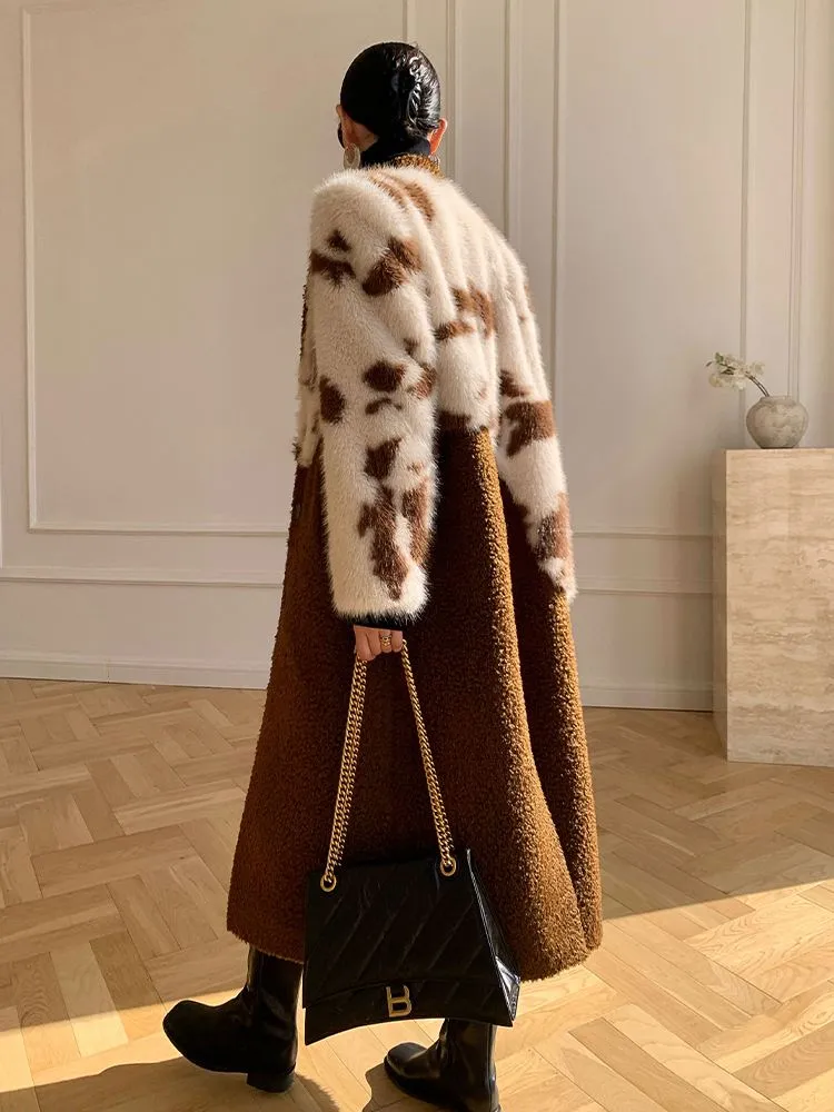 Patchwork Wool Blend Fur Fleece Single-Breasted Long Coat