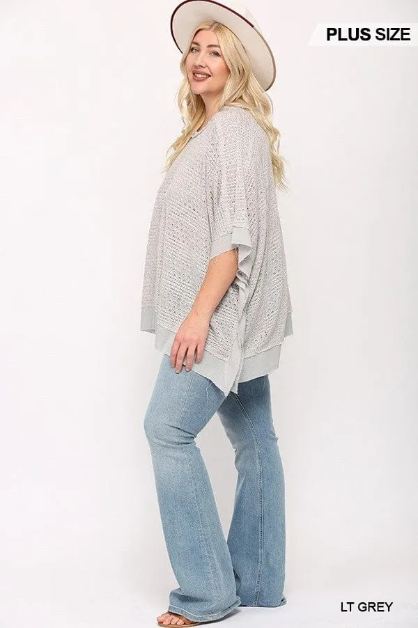 Plus Size Light Grey Round Neck Batwing Sleeve Knit Woven Poncho Pullover Top