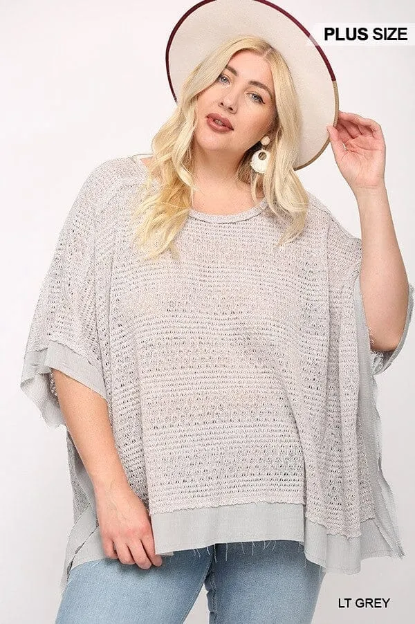 Plus Size Light Grey Round Neck Batwing Sleeve Knit Woven Poncho Pullover Top