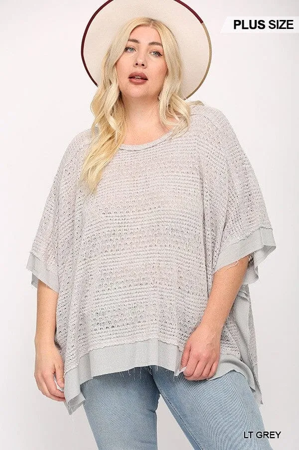 Plus Size Light Grey Round Neck Batwing Sleeve Knit Woven Poncho Pullover Top