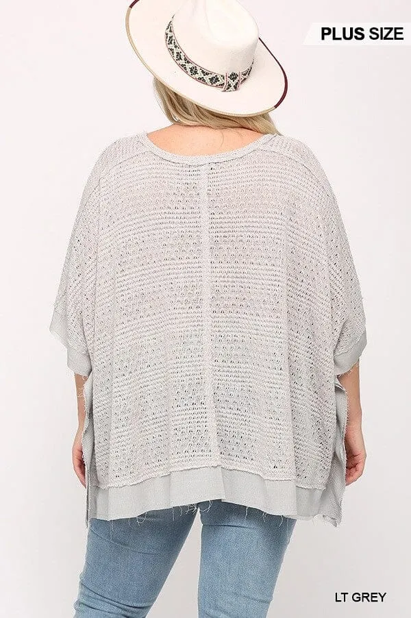 Plus Size Light Grey Round Neck Batwing Sleeve Knit Woven Poncho Pullover Top