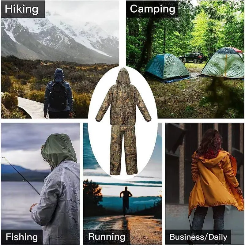 Portable Woodland Camo Poncho Raincoat Set with Rain Pants Folding Waterproof Clothes Trip Tactical Man Rain Jacket