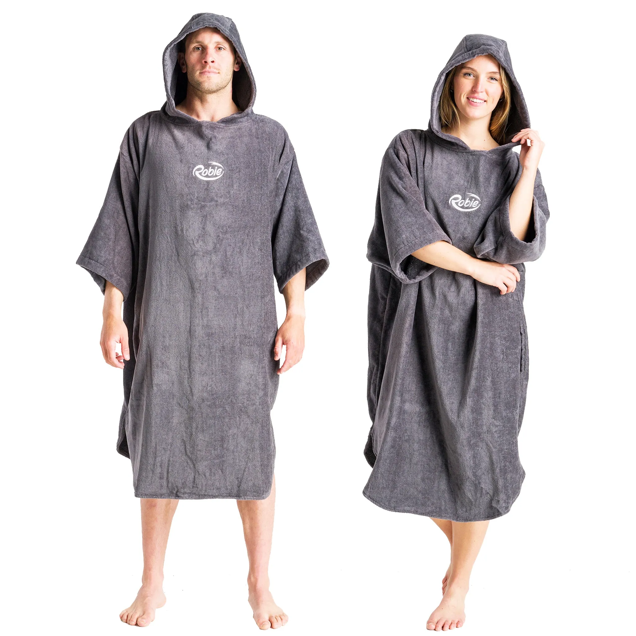 Robie Robes Adult Original Long Sleeve Towelling Beach Changing Poncho - Steel Grey