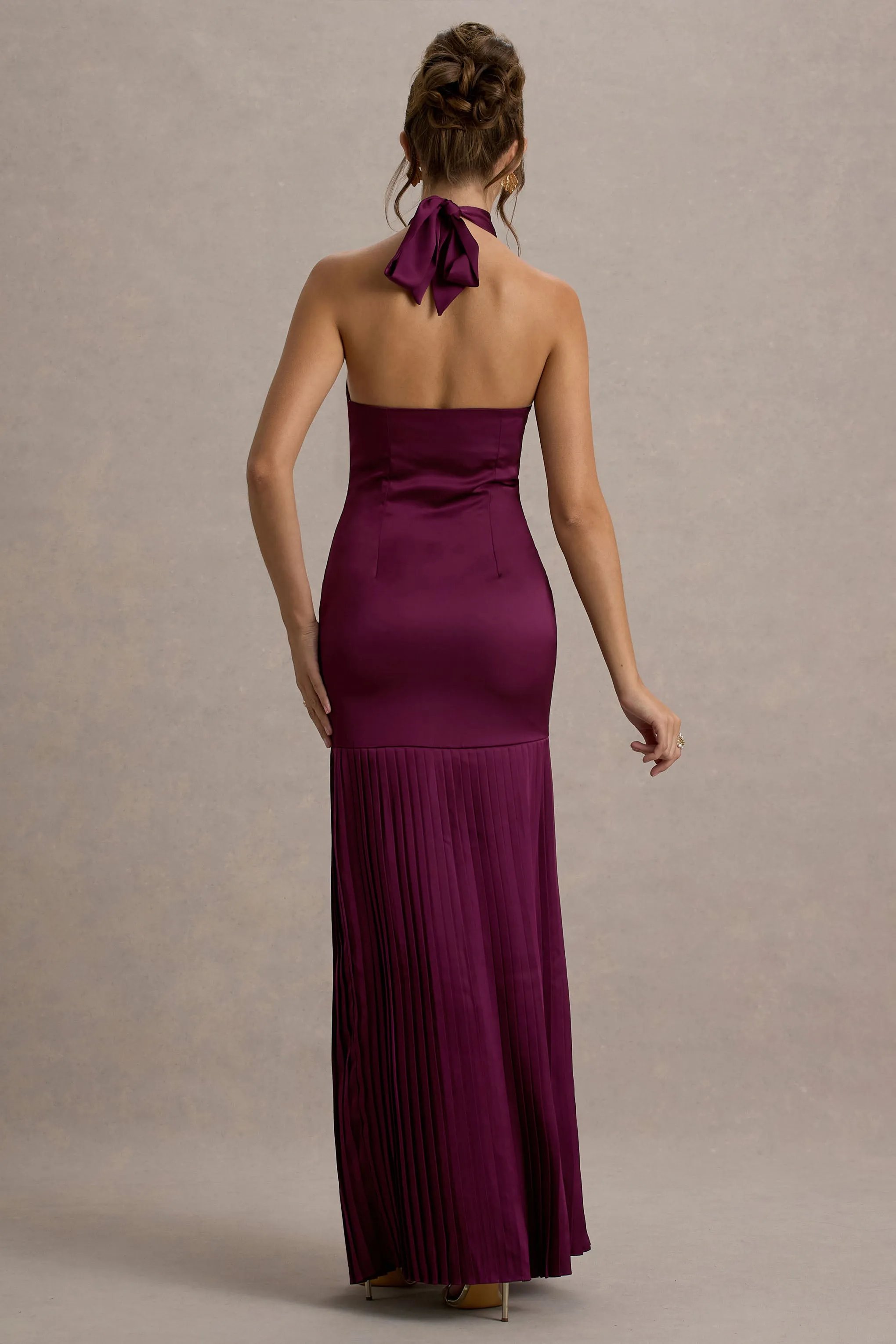 Sansa | Pink Satin Cross Halter-Neck Plisse Maxi Dress