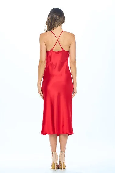 Satin Bias Slip Dress with Slit - RED