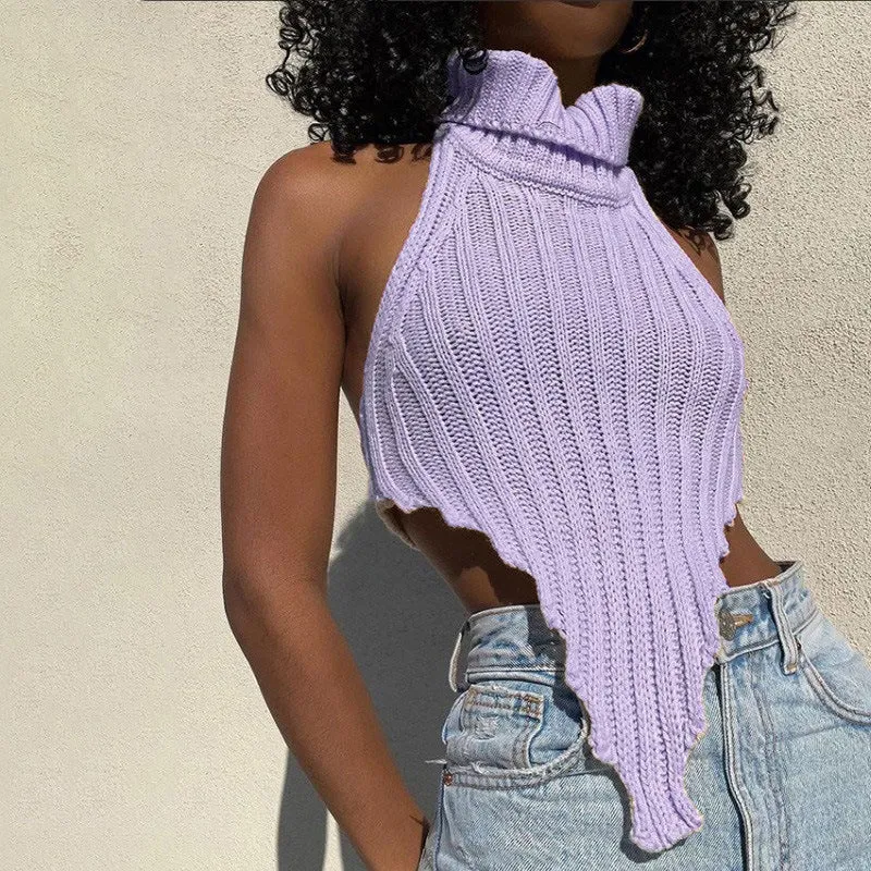 Sexy backless solid color turtleneck irregular knitted vest