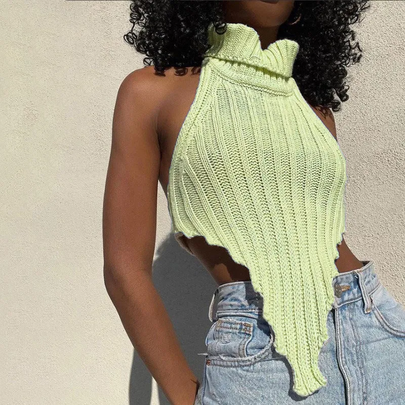 Sexy backless solid color turtleneck irregular knitted vest