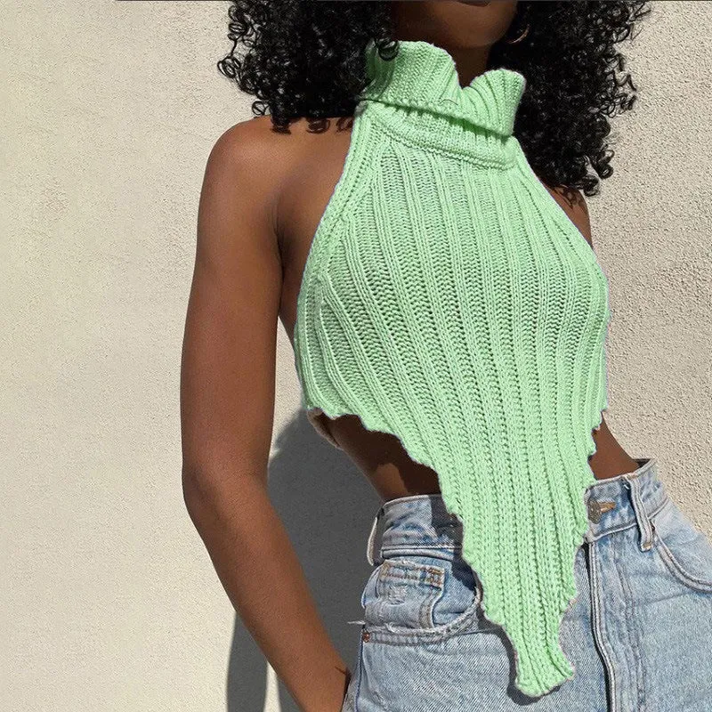 Sexy backless solid color turtleneck irregular knitted vest