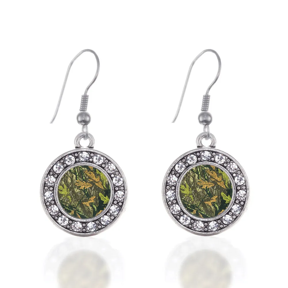 Silver Green Hunting Pattern Circle Charm Dangle Earrings