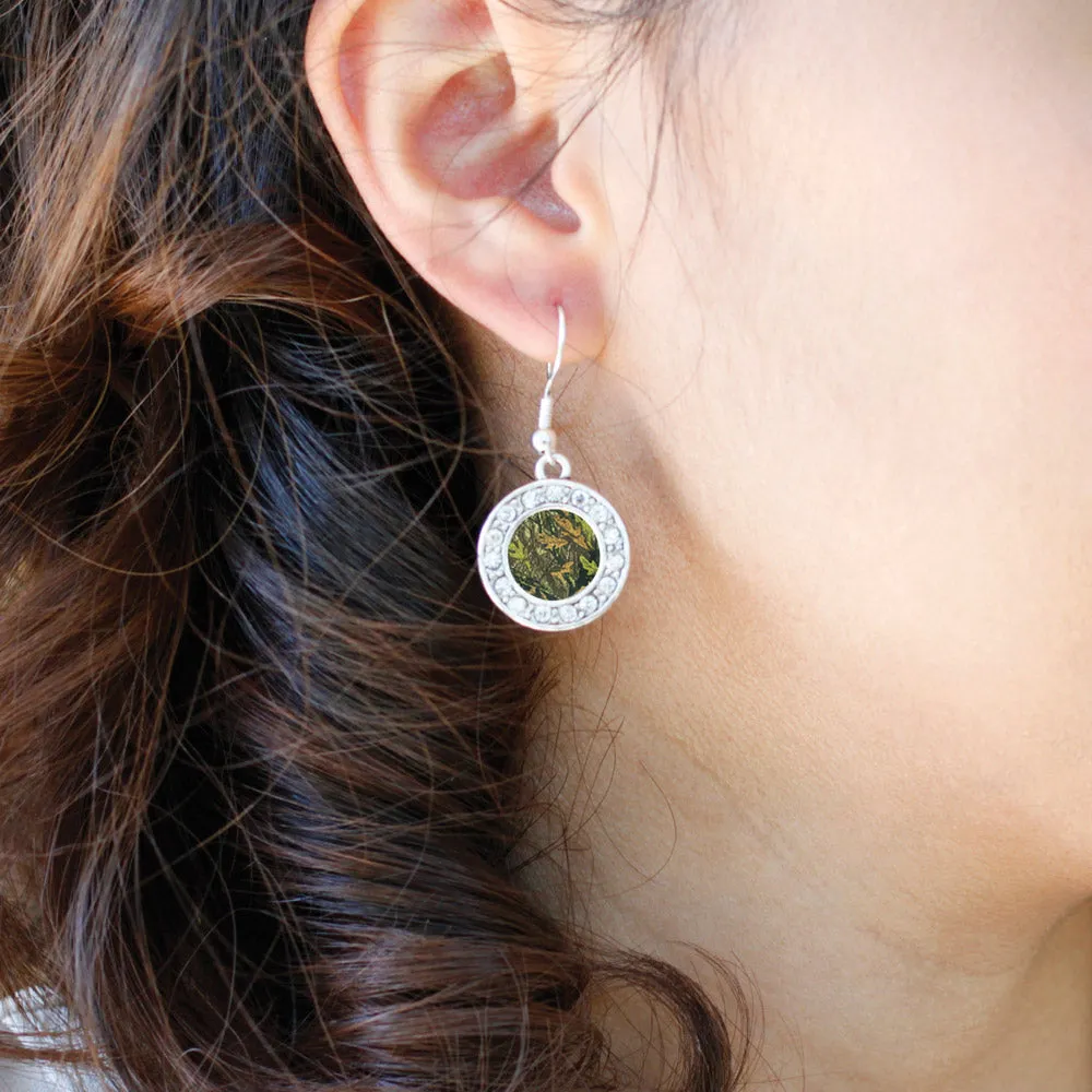 Silver Green Hunting Pattern Circle Charm Dangle Earrings