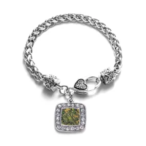 Silver Green Hunting Pattern Square Charm Braided Bracelet