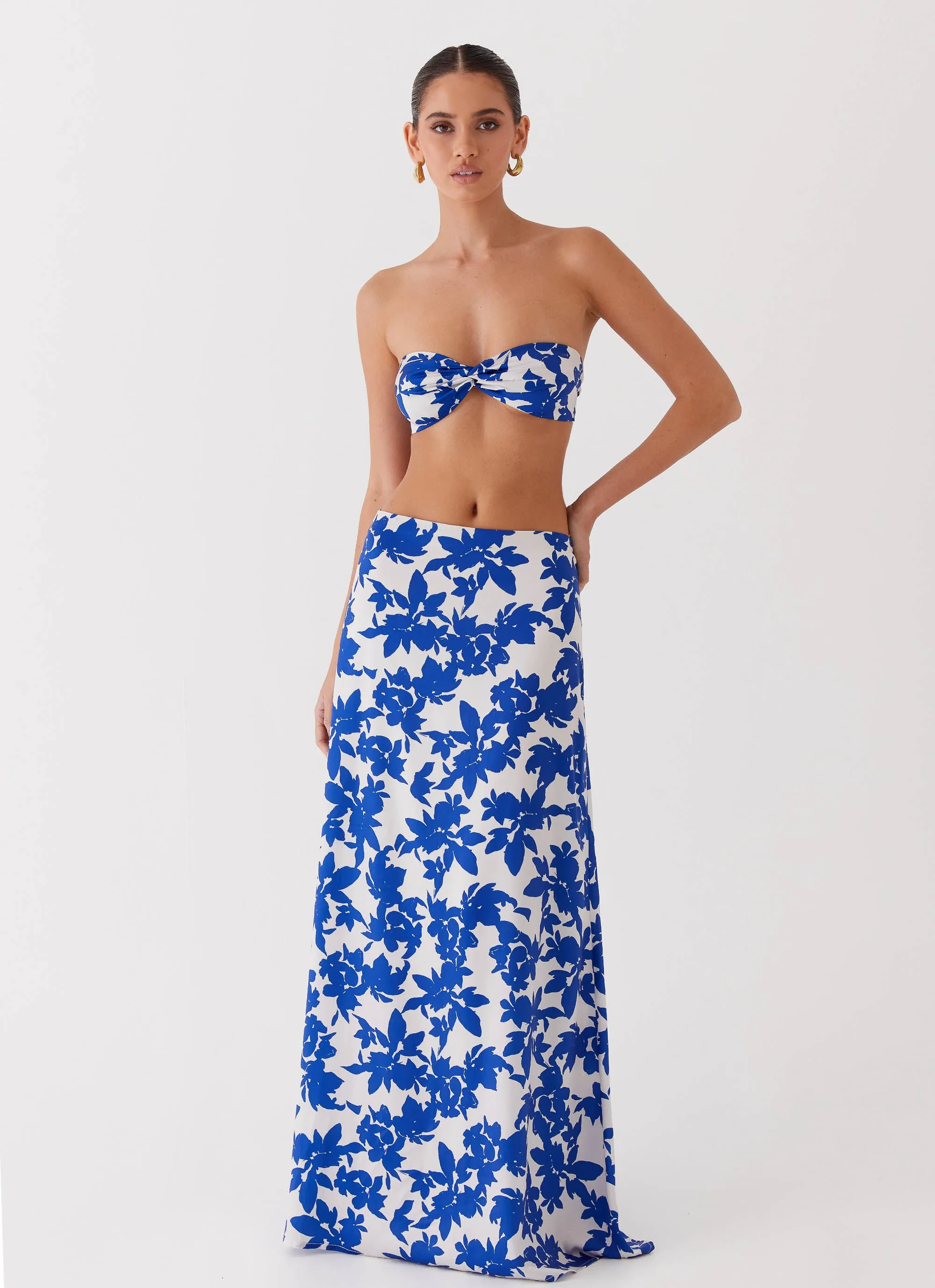 Sky Gaze Low Rise Maxi Skirt - Blue Floral