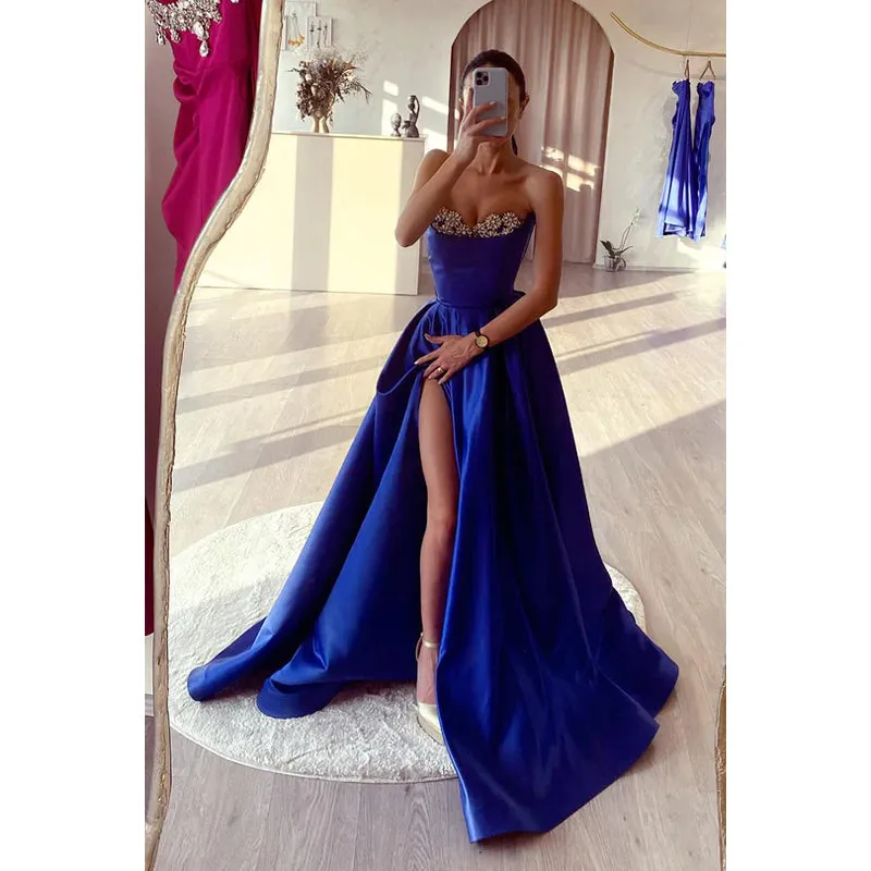 Strapless Beaded Ruched A-Line Long Prom Evening Dress