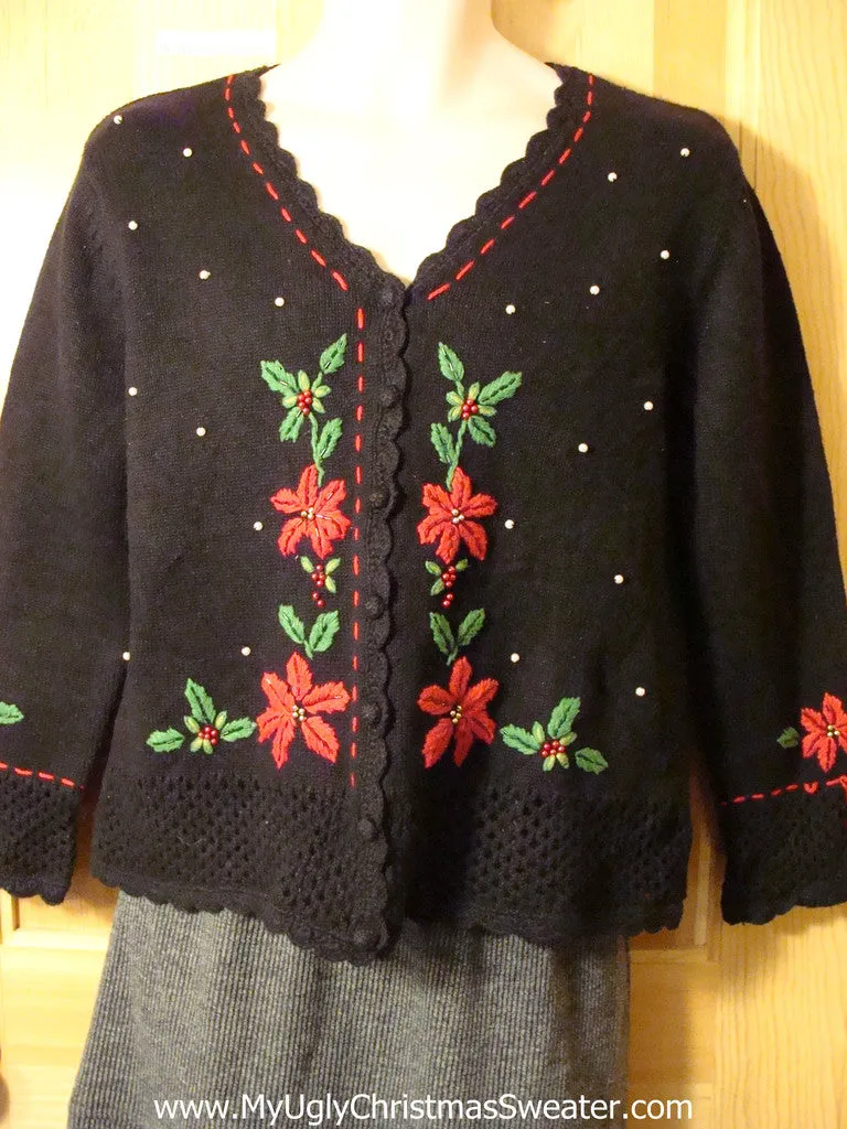 Tacky Cheap Ugly Christmas Sweater with Red Poinsettias and Ivy and Bead Bling  (f638)