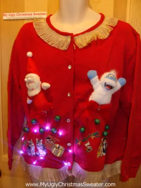 Tacky Ugly Christmas Sweater with Santa and Monster from 'Rudolph' with Lights and Fringe (g77)