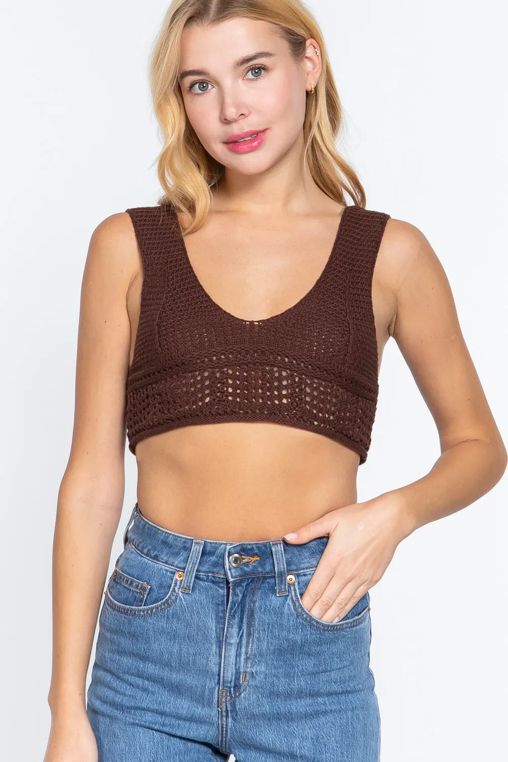 Textured Crop Sweater Brown Tank Top