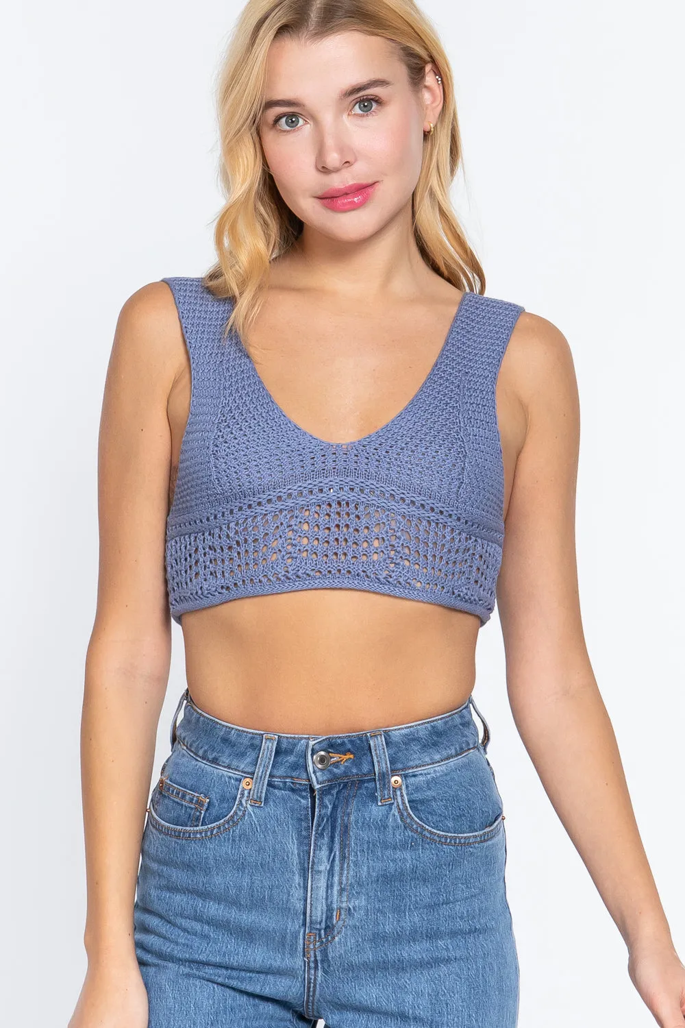 Textured Crop Sweater Tank Blue Top