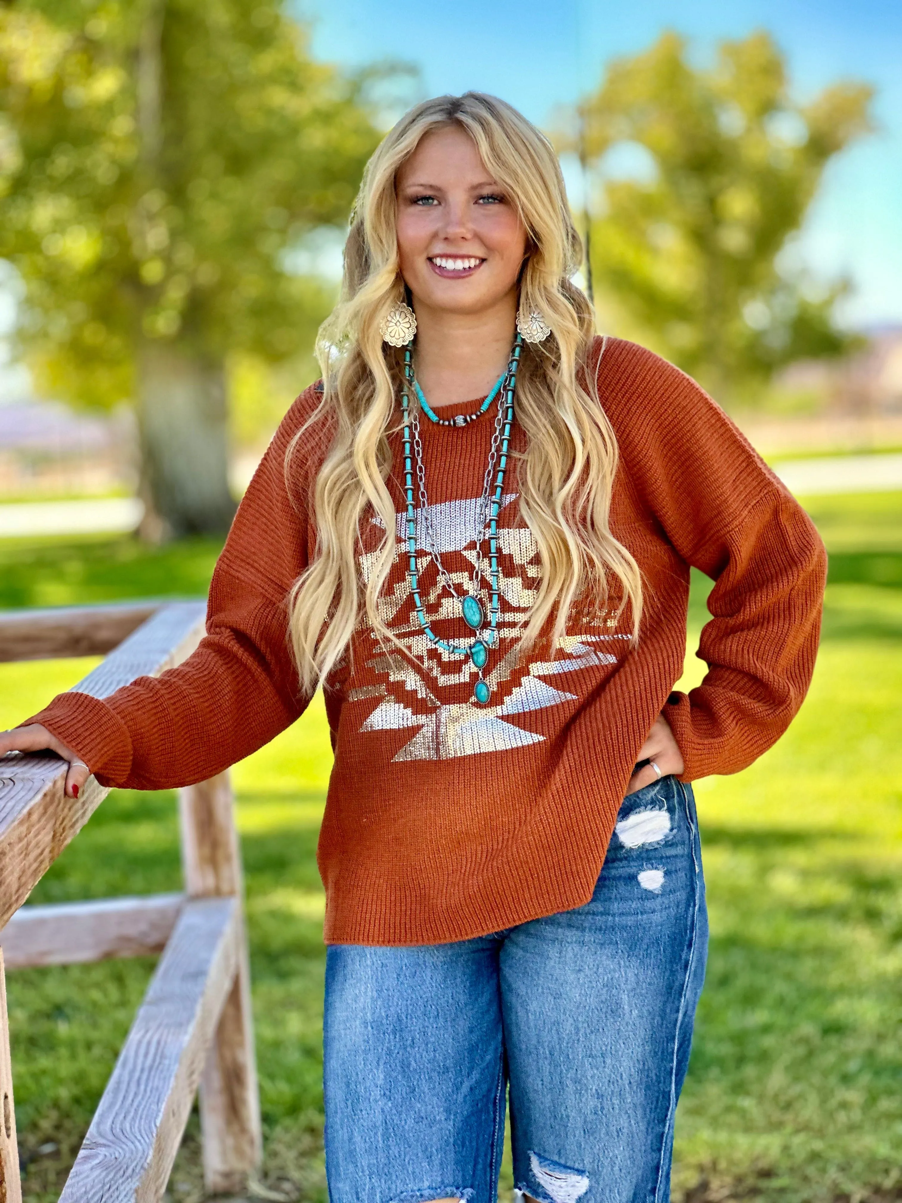 The Rust & Gold Metallic Aztec Santaquin Sweater