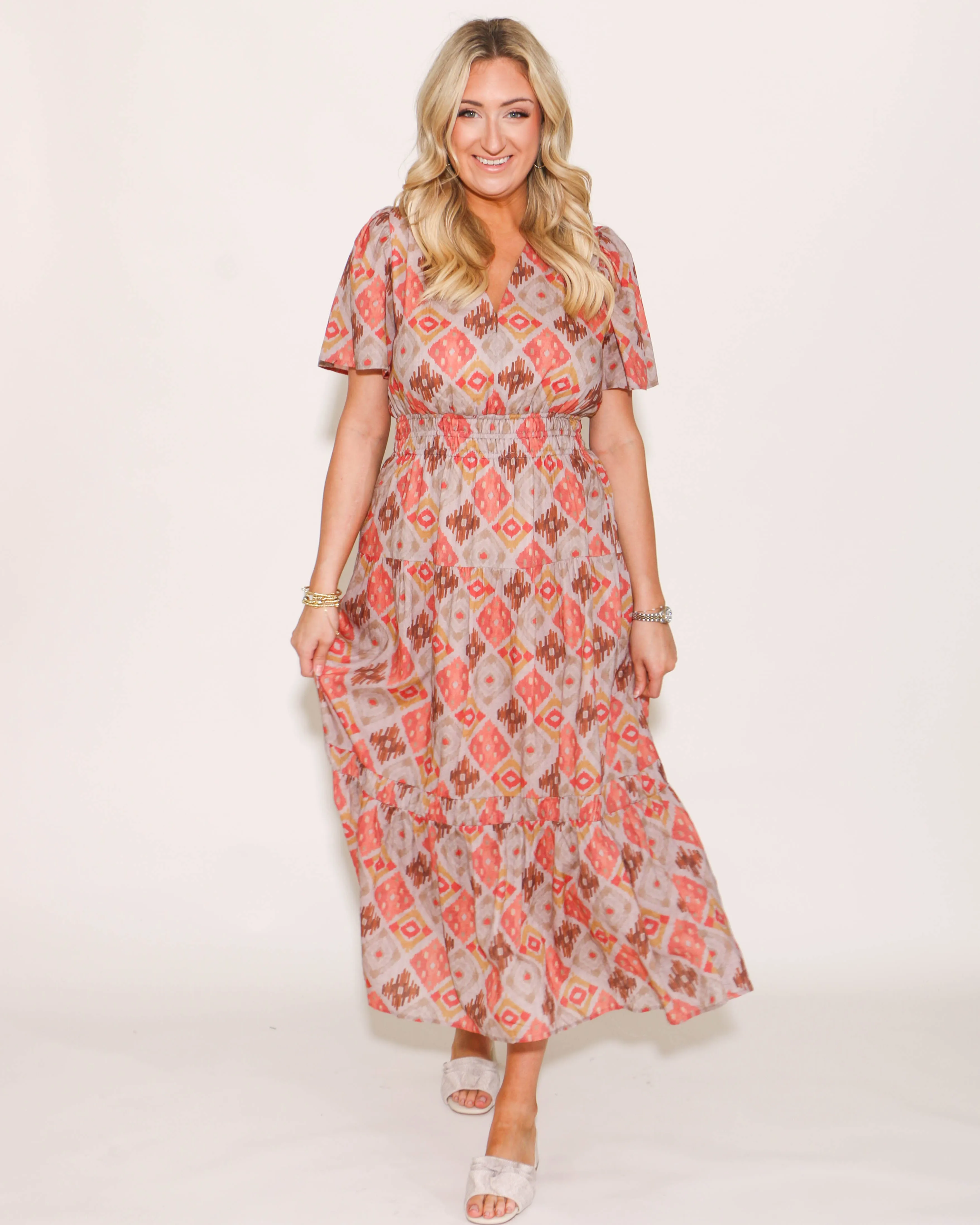 THML Smocked Waist Tiered Print Maxi Dress