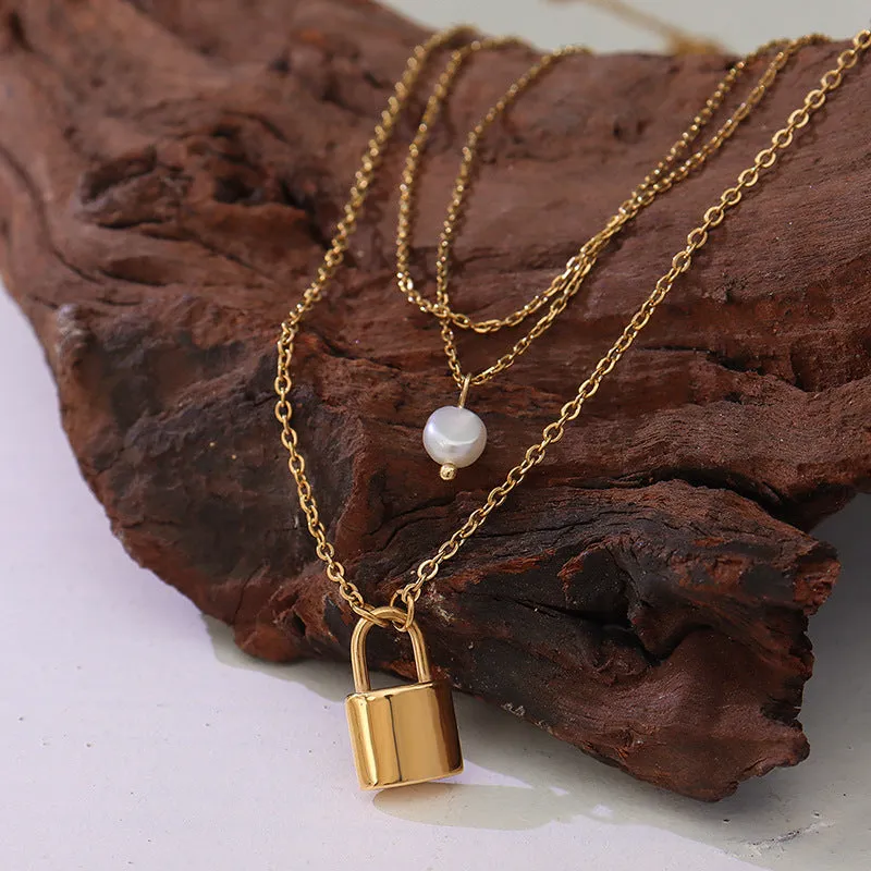 Three Layered Stacked Necklace With Lock Pendant