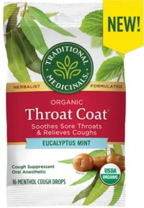 Traditional Medicinals Throat Coat Cough Drops Organic Eucalyptus Mint 16ct