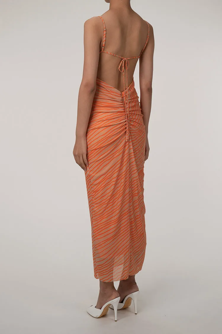 Tropical Striped Cowl Neck Tie Back Ruched Mesh Bodycon Maxi Sundress