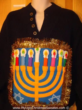 Ugly Christmas Sweater Party Hanukkah Sweater Mens with Menorah (j246)