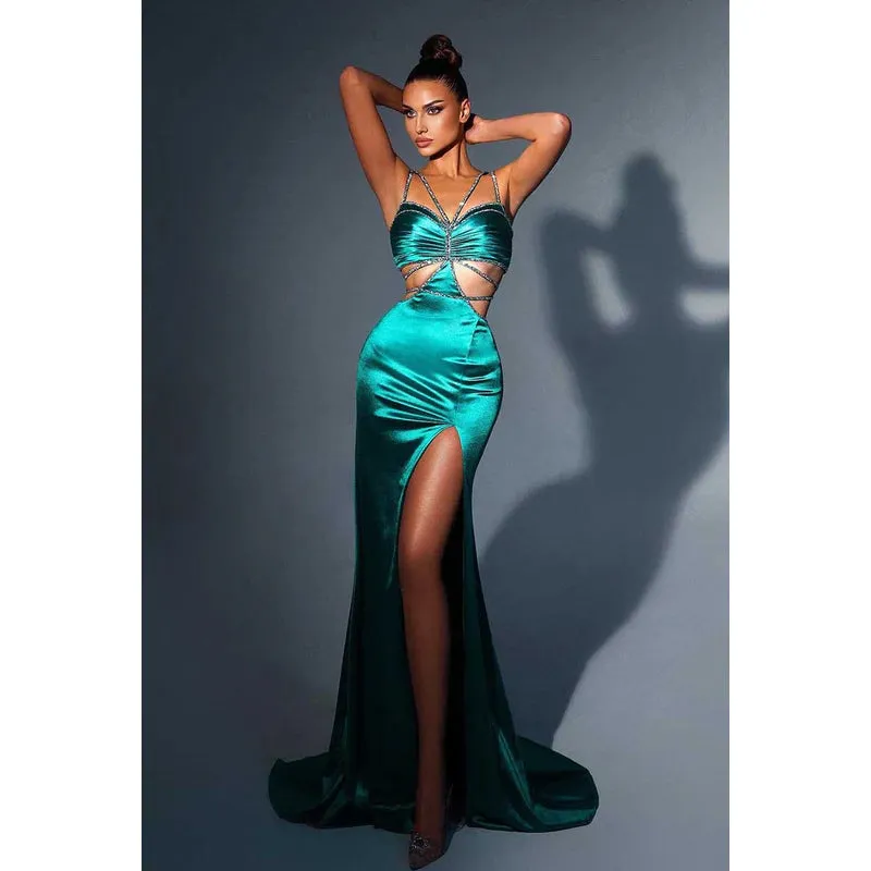 V-Neck Cut Outs Beaded Ruched Satin Sheath Long Prom Evening Gown