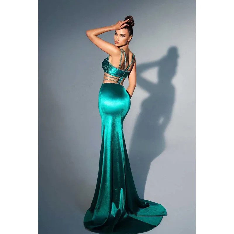 V-Neck Cut Outs Beaded Ruched Satin Sheath Long Prom Evening Gown