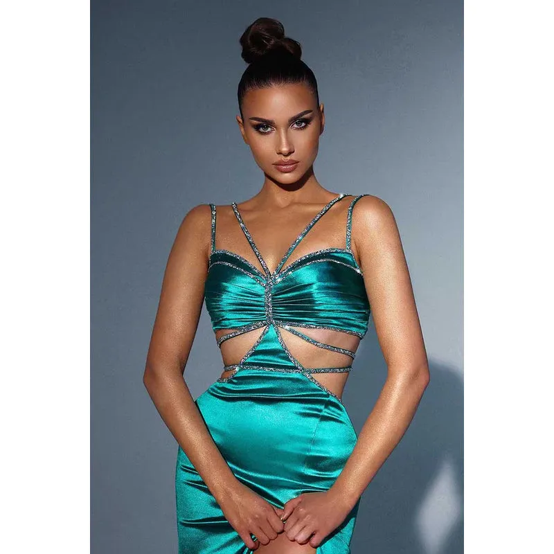 V-Neck Cut Outs Beaded Ruched Satin Sheath Long Prom Evening Gown