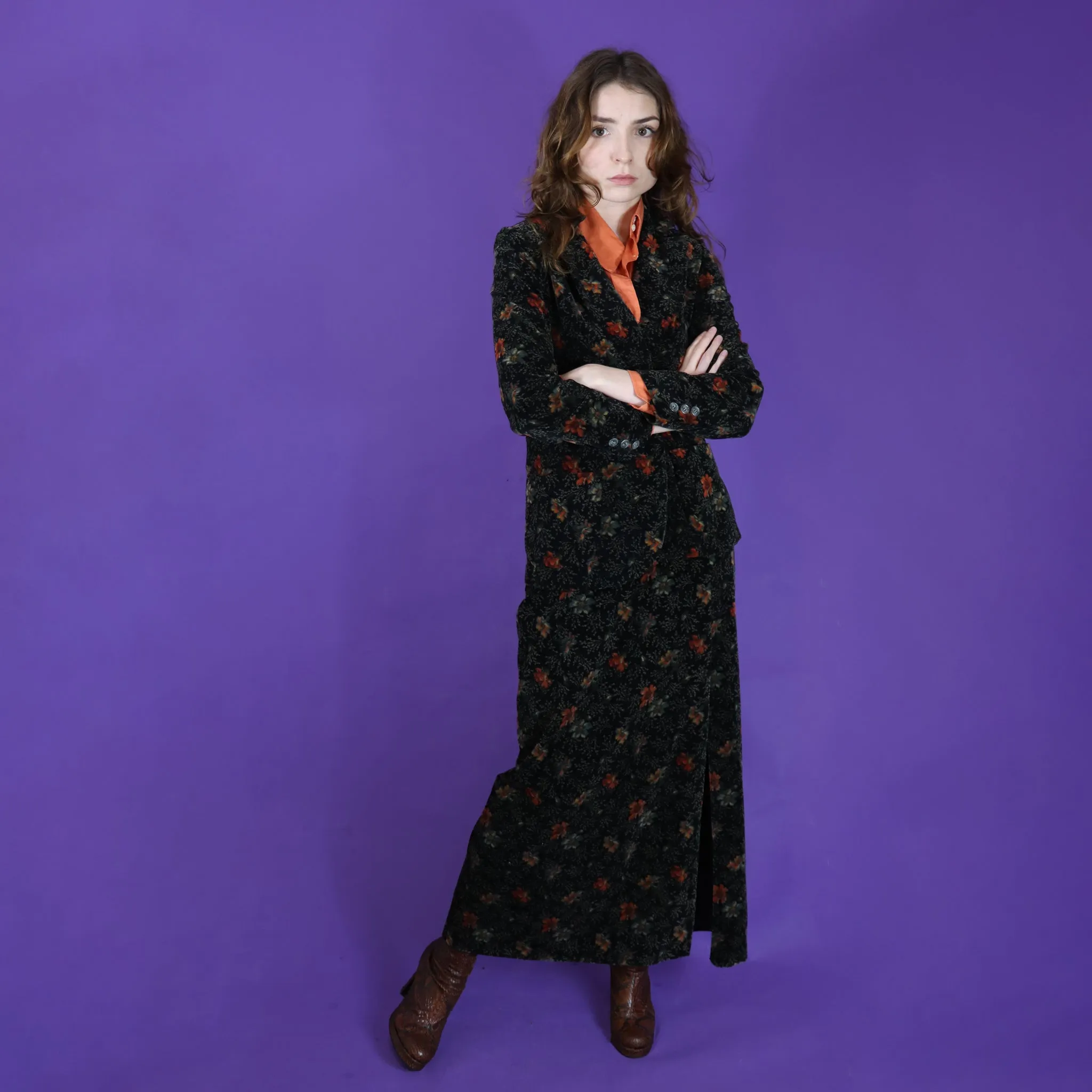 Vintage 1970s Floral Velvet Maxi Skirt Suit Set