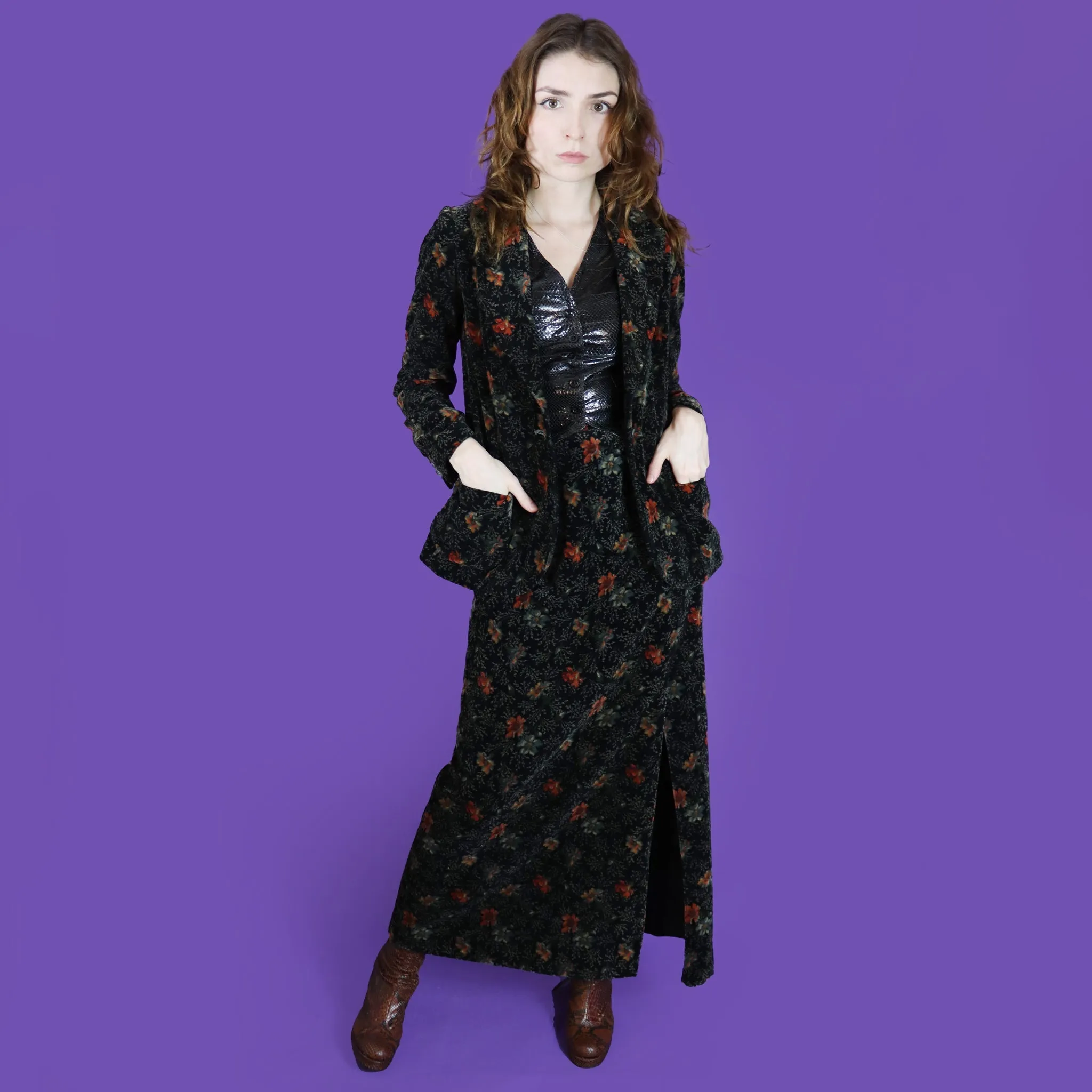 Vintage 1970s Floral Velvet Maxi Skirt Suit Set