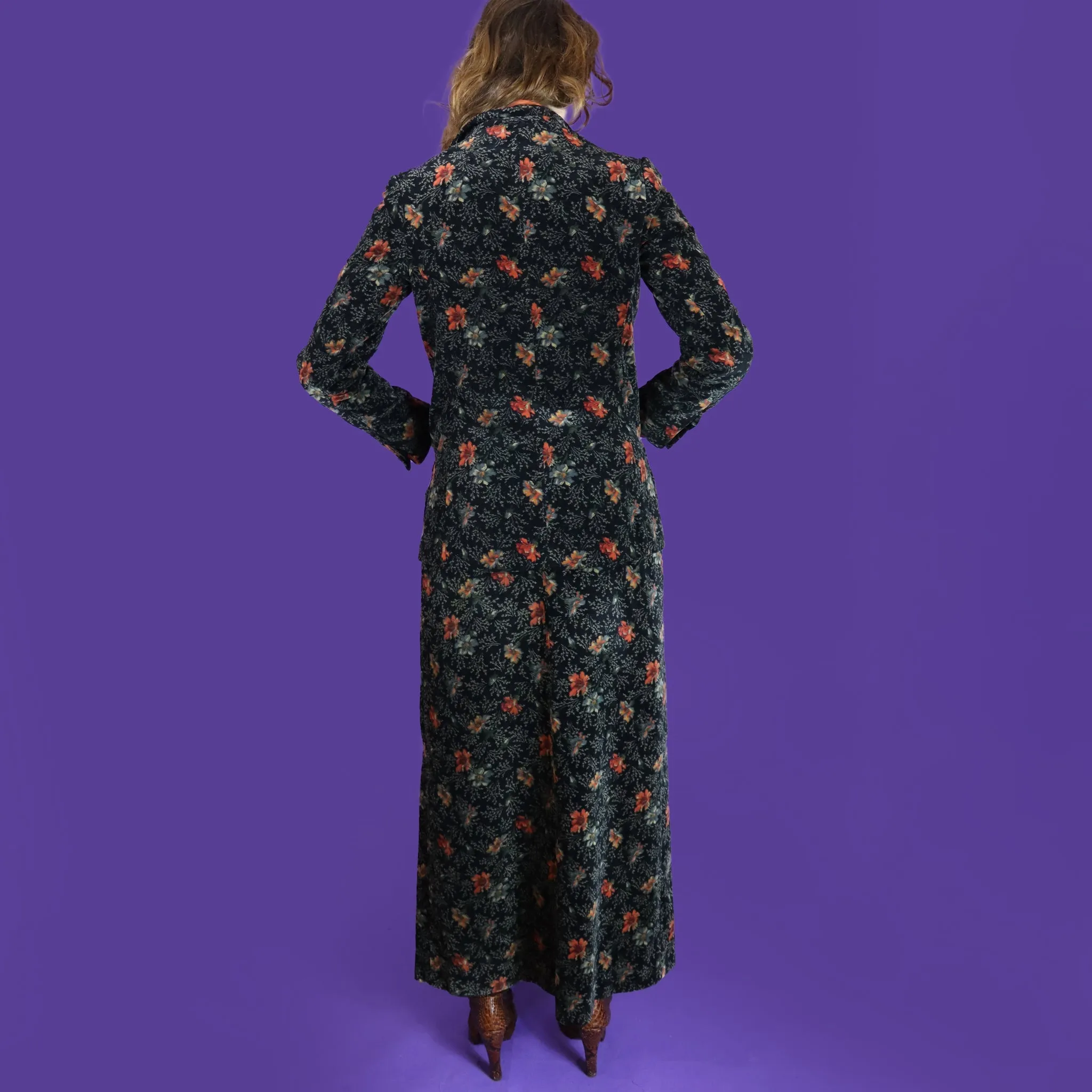 Vintage 1970s Floral Velvet Maxi Skirt Suit Set