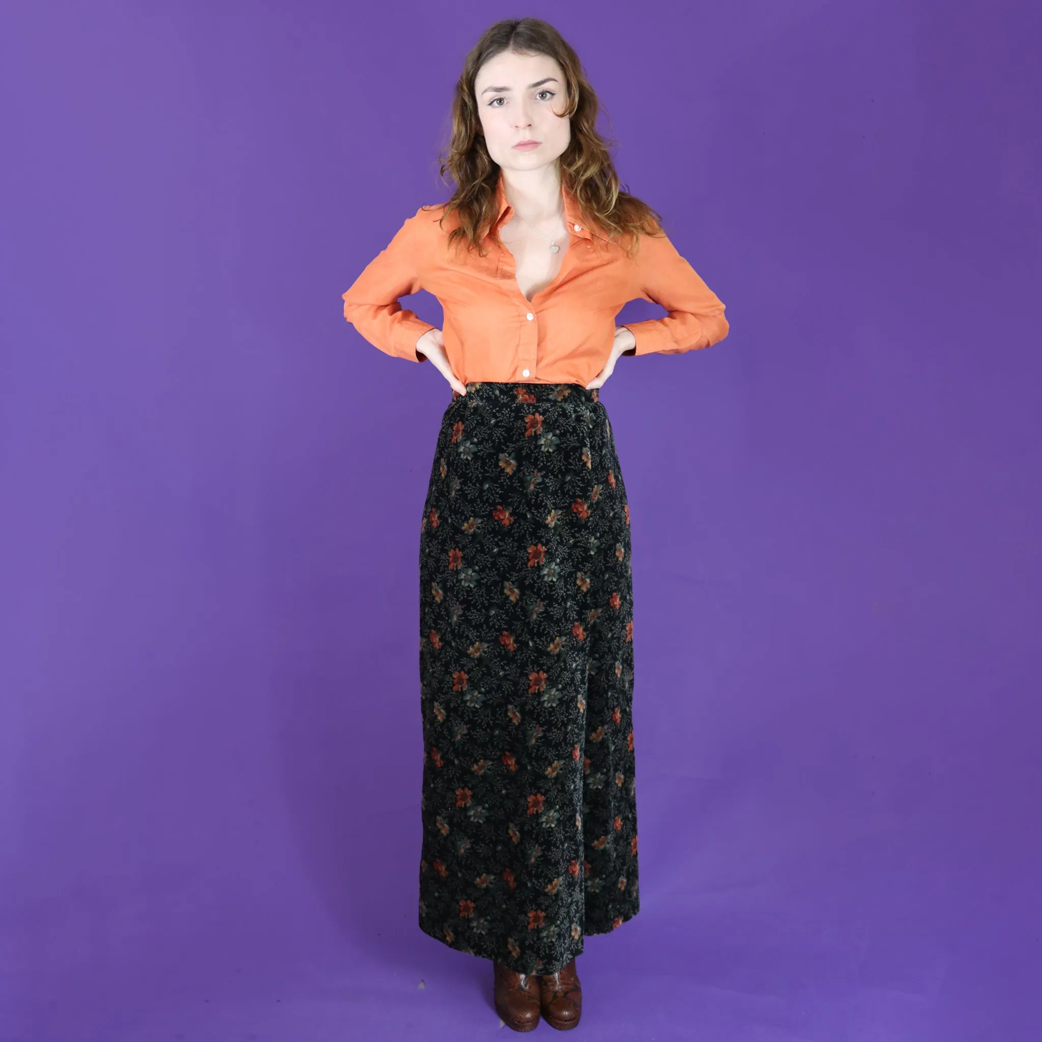 Vintage 1970s Floral Velvet Maxi Skirt Suit Set