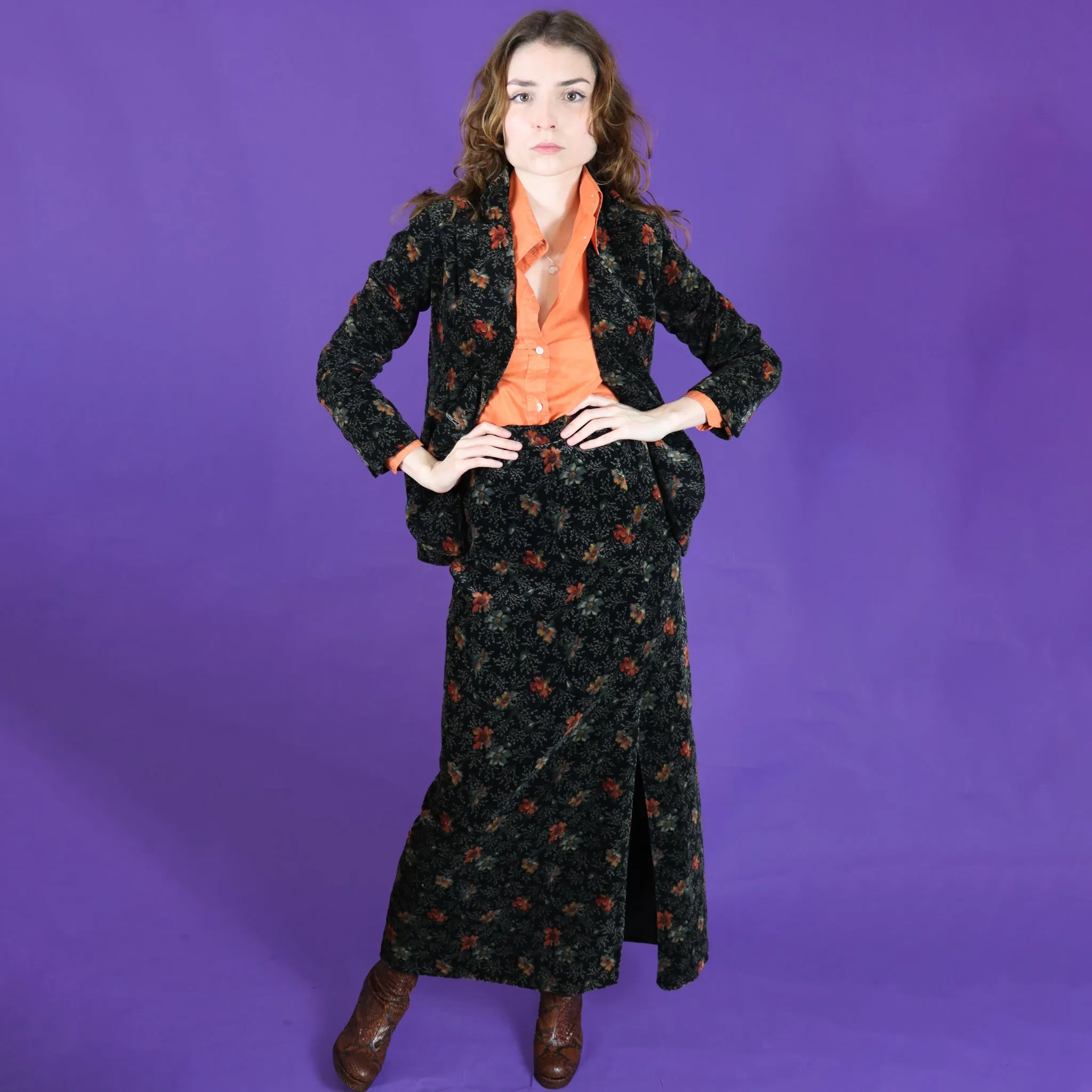 Vintage 1970s Floral Velvet Maxi Skirt Suit Set