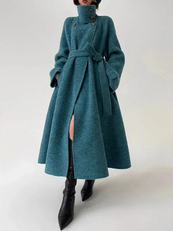 Wenkouban-Winter outfits Christmas Stand Neck Single Breasted Warm Maxi Wool Coat with Belt